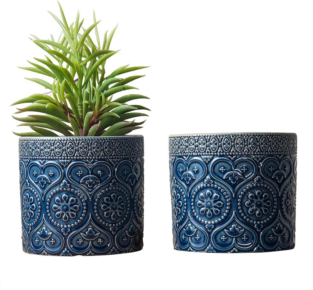 MyGift 4 Inch Cobalt Blue Ceramic Indoor Small Planter Vase, Succulent Plant Pot with Embossed Design and Solid Bottom, Set of 2