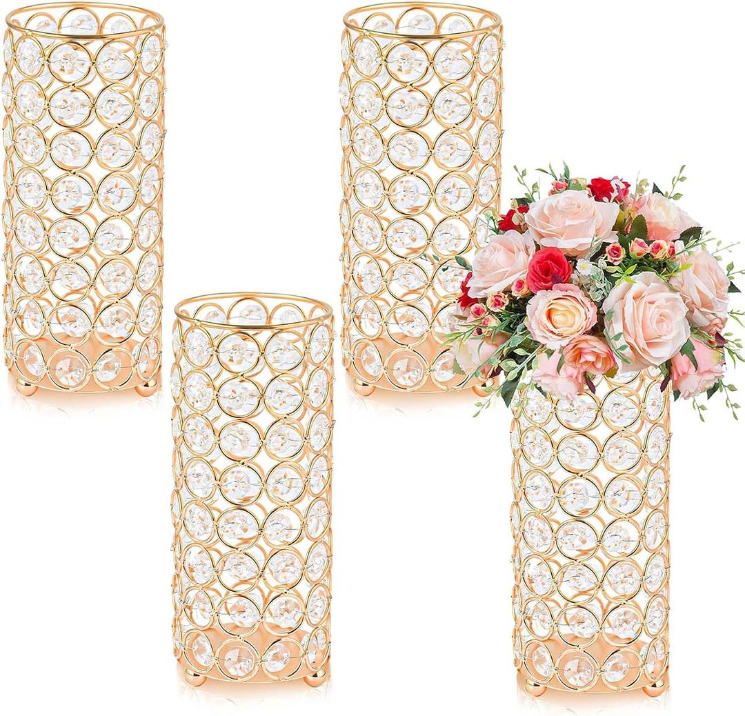 Elegant Crystal Column Vase/Candle Holder, Cylinder Flower Display Tabletop Centerpiece for Weddings & Home Decor (4, Gold)