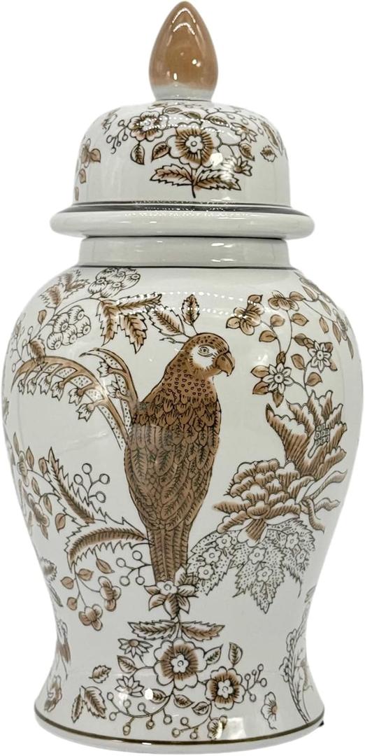 Galt International 14" Brown & White Floral Parrot Ceramic Porcelain Ginger Jar Floral Home Décor Jar Urn Shape Vase