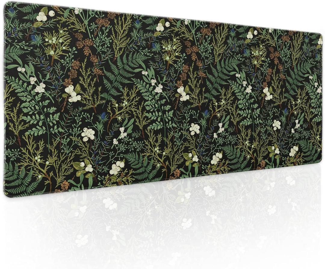 Black Aesthetic Vintage Botanical Gaming Mouse Pad XL Cute Forest Green Plant Nature Floral Extended Large Big Mousepad Non-Slip Stitched Edge Long Mat for Desk Office Computer, 31.5×11.8 in