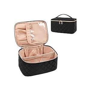 Double Layer Travel Makeup Bag: Portable Cosmetic Bag with Divider Organizer Case for Storage Cosmetics Make up Brush Large Capacity Toiletry Bag for Women and Girls, Black