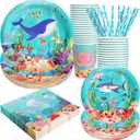 Recheel Under the Sea Birthday Party Supplies Decorations, Ocean Theme Paper Plates and Napkins Set for 24 Guests, 120 Pcs Disposable Sea Animals Party Dessert Dinnerwares