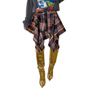 Women's Plaid Skirts High Waisted Knot Front Asymmetrical Hem Mini Skater Skirt (XX-Large, Colorful)