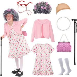 100 Days of School Costume for Girls, Old Lady Costume for Kids, Granny Grandma Dress Up (8-10yr, Pink-set 3)