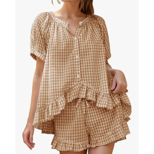 Flygo Womens Gingham Pajamas Set 1 Piece Cotton Pj Lounge Sets Puff Sleeve Ruffle Babydoll Shirt Shorts Summer Outfits XL