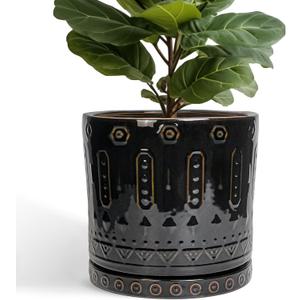 Ceramic Pots for Plants - 12 Inch Large Planter with Drainage Hole and Saucer, Ceramic Flower Pots for Indoor Outdoor, Boho Round Planter, Patio Decor, Gifts for Plant Lover, Black
