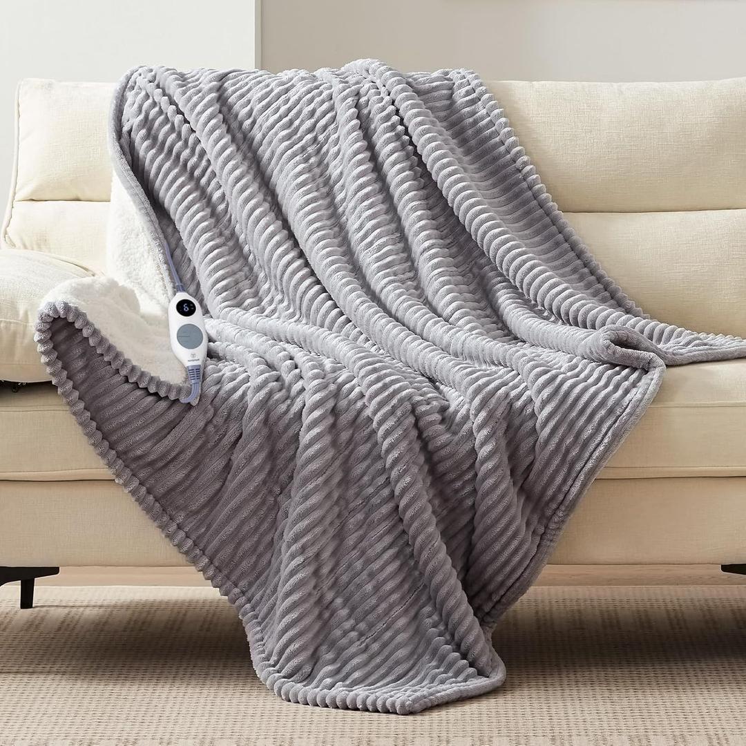 Westinghouse Heated Throw Blanket, Soft Flannel Sherpa Electric Throw with 6 Heating Levels & 2-10 Hours Auto Shut Off, Fast Heating & ETL Certification, Machine Washable, 50x60 Inch, Light Grey
