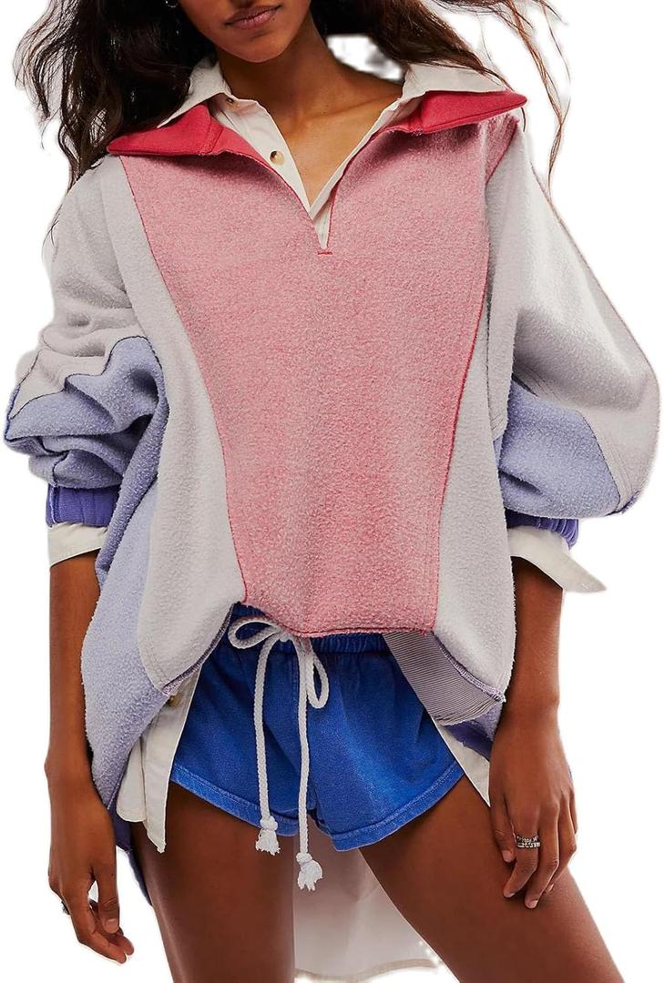 Yuemengxuan Women Fleece Sweatshirts Long Sleeve Colorblock Cropped Oversized Sweatshirt Y2k V-Neck Pullover Tops (Large, Purple)