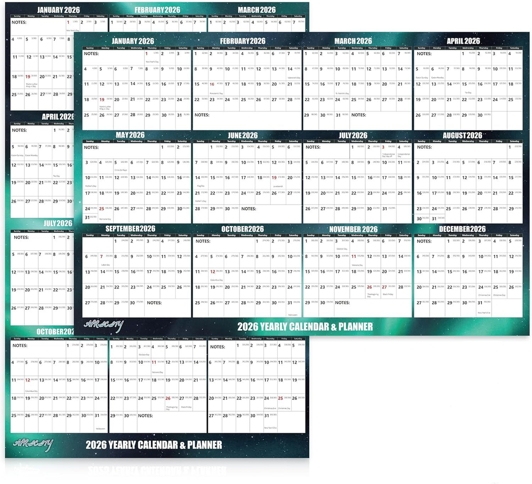 32" x 48" Apricity 2026 Wall Calendar Dry Erase - Dark Green Wall Calendar Wet & Dry Erasable Laminated 12 Month Annual Yearly Planner, Reversible, Horizontal/Vertical, with Julian Dates