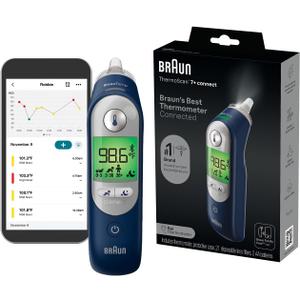 Braun ThermoScan 7+ Connect Digital Ear Thermometer - Family Care App Compatible, Age Precision Technology, Color-Coded Display, No. 1 Brand Recommended by Pediatricians, FSA and HSA Eligible (Black/Blue/Grey)