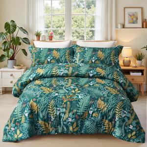 King Comforter Set - 3 Pieces Botanical Bedding Comforter Set, 1 Soft Dark Green Plant Flowers Comforter (104"x90") and 2 Pillow Shams(20"x36") Ultra-Soft Comfort Suitable for All Seasons