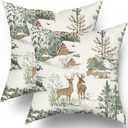Winter Pillow Covers 18x18 Set of 2 Rustic Deer Tree Cabin Brown Auqa Winter Themed Style Forest Print Decorative Outdoor Pillowcases Christmas Farmhouse Throw Cushion Case Decor for Couch Sofa Bed (White)