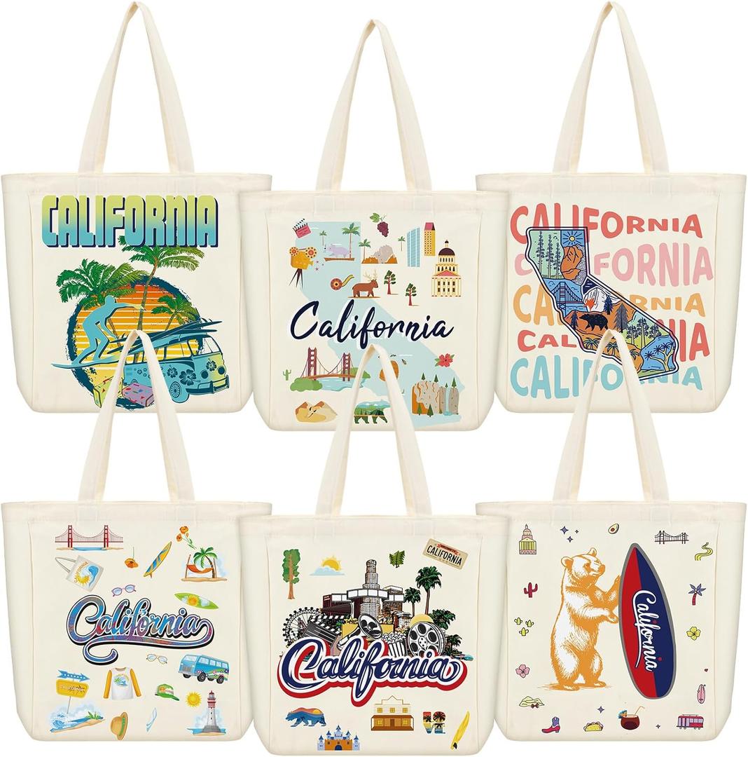 VioraWhite 6 Pcs Large Canvas Tote Bags Reusable City Souvenir Grocery Bags with Handle Shopping Basket Bulk (California)