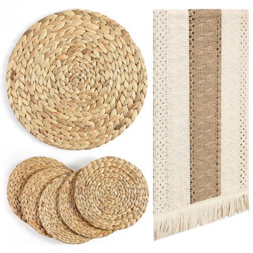 Baderke 6 Pcs Boho Table Runner and Round Placemats Set Table Runner Woven Placemats Braided Water Hyacinth Place Mat Farm Beige Centerpiece for Christmas New Year Dining (12 x 108 Inch)