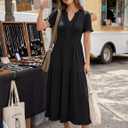 MEROKEETY Women's 2026 Summer Casual Midi Dress Short Sleeve V Neck A Line Flowy Tiered Vacation Beach Dresses (Black, XL)
