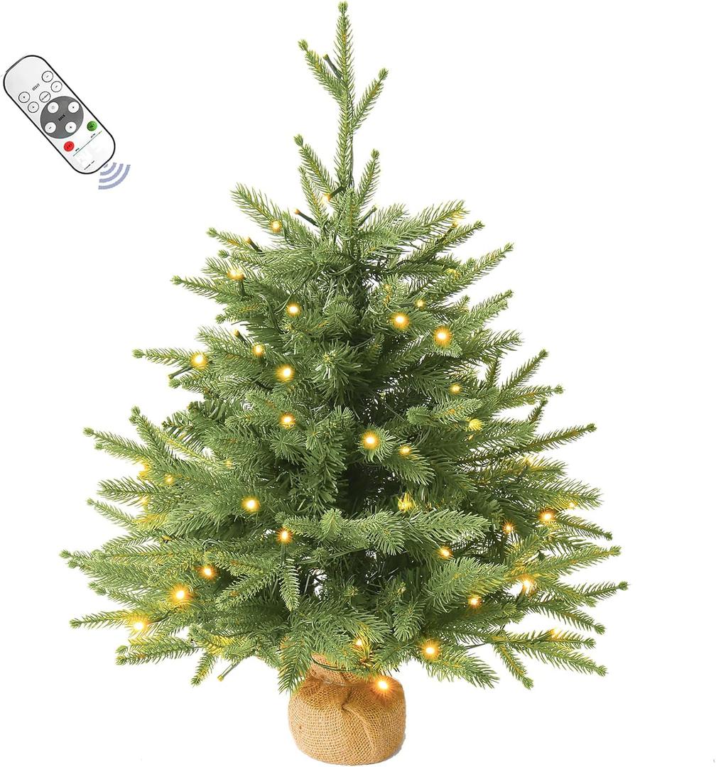 3FT Pre-lit Artificial Small Mini Christmas Tree with 70 Warm White Multi-Color LED Lights, Remote Control and Timer, Perfect for Xmas Tabletop Decorations, Home, Kitchen, Dining Table top Green