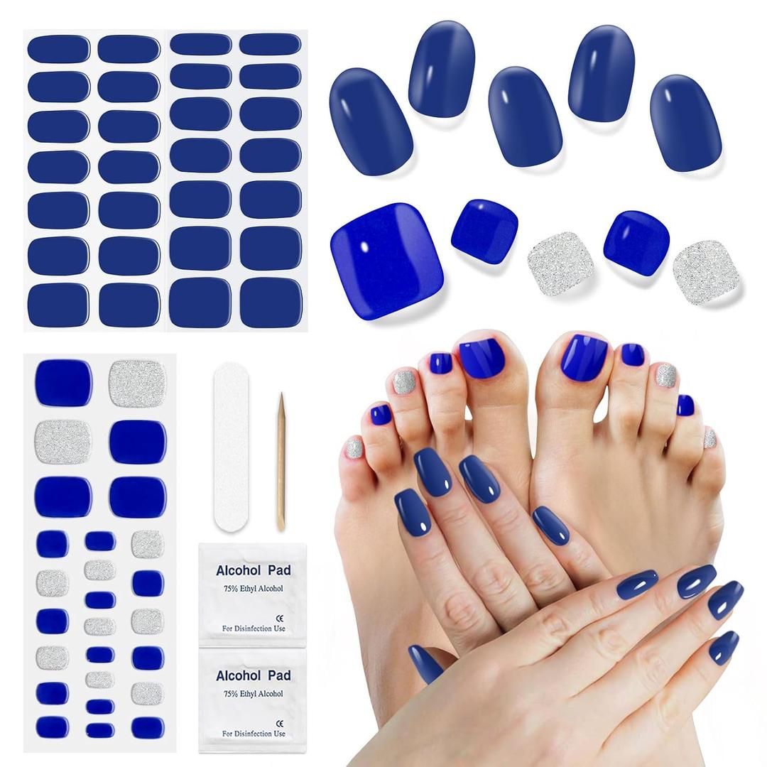 Semi Cured Gel Nail Strips & Toenail Stickers 2 Set (Deep Blue), Gel Nail Stickers, Long Lasting Full NailWraps Art DIY for Women, Needed UV Lamps, Salon-Quality, Easy to Apply & Remove