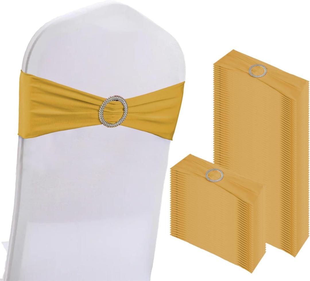 WJWHQ 100PCS Spandex Stretch Chair Sashes Bows Elastic Chair Cover Bands Ties with Buckle Slider for Wedding Party Reception Events Universal Ceremony Banquet Decorations (Gold)