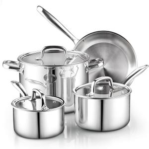 Cook N Home 7-Piece Tri-Ply Clad Stainless Steel Cookware Set, Pots and Pans Kitchen Set with Tempered Glass Lids, Induction-Ready, Dishwasher-Safe, Silver (2 Quarts) Cook N Home 7-Piece Tri-Ply Clad Stainless Steel Cookware Set, Pots and Pans Kitchen Set with Tempered Glass Lids, Induction-Ready, Dishwasher-Safe, Silver (2 Quarts)
