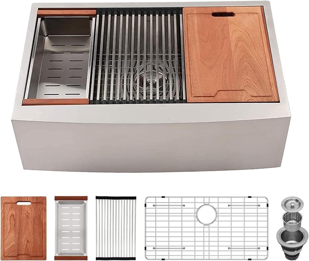 Lordear 30 Kitchen Sink Apron Front 30X22 Inch Farmhouse Sink Workstation 16 Gauge Stainless Steel Single Bowl Handmade Kitchen Farm Sinks Basin with Accessories (30"x22", Stainless Steel-Rounded)