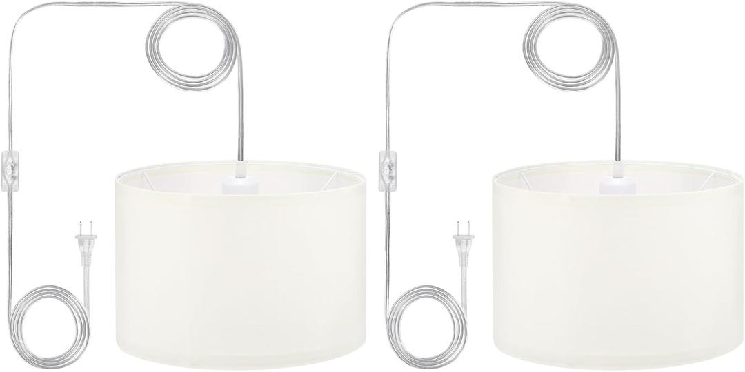 PATIKIL Plug in Pendant Light, 2 Pack 15Ft Rope Cord Hanging Lamp Fixture with ON/Off Switch, Linen Fabric Shade E26/E27 Bulb Socket for Bedroom Kitchen Living Room, Beige White