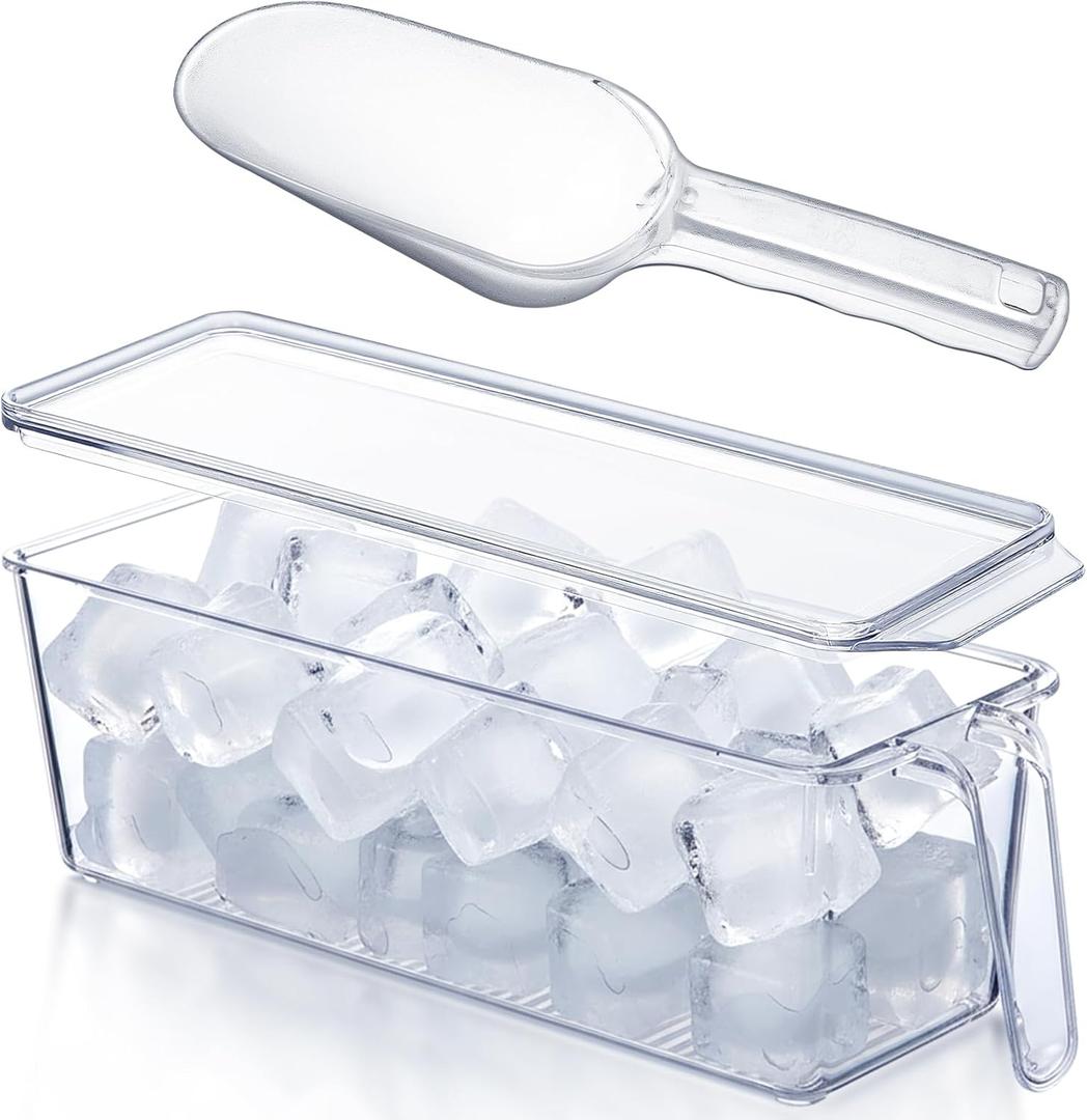Havawish Ice Storage Bin for Freezer with Lid and Flexible Scoop Set Plastic Ice Container with Lid Handle for Home Office Fridge Storage (12.4 x 3.94 x 3.94 Inches,Clear,2 Pcs)
