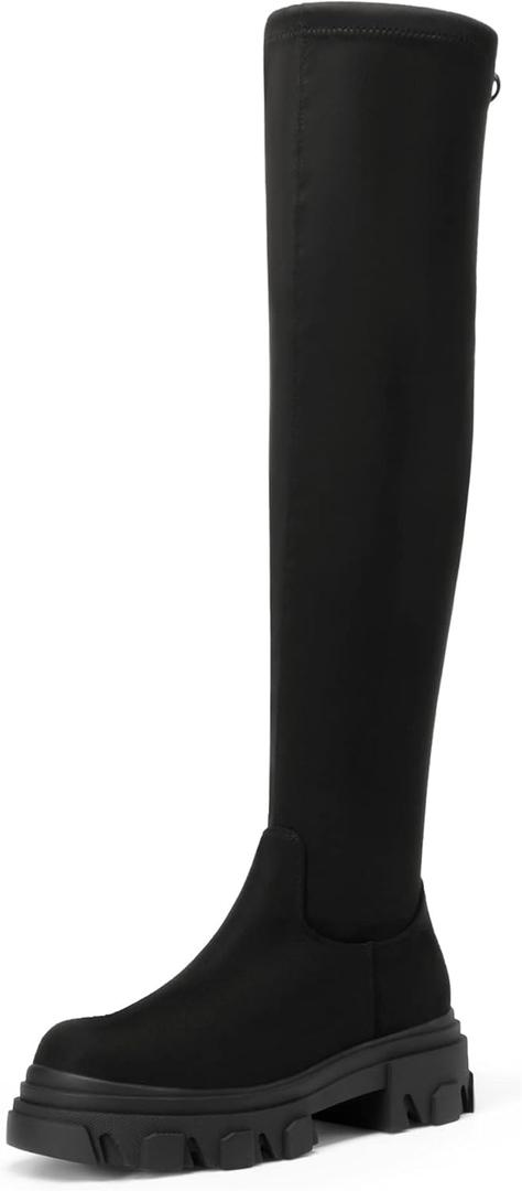 DREAM PAIRS Women's Over The Knee Platform Thigh High Boots Long Stretch Soft Chunky Lug Sole Fall Boots (6, Black/Suede)
