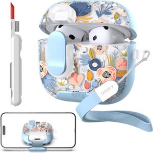 TATOFY for AirPods 4th Generation Case with Phone Stand Lanyard Lock Cleaning Kit, Compatible with Magsafe, Flowers Hard AirPod 4 Cover for Women (Blue, AirPods 4th)