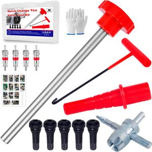 Quick Change Tire Valve Tool Kit,Tire Valve Stem Core Quickly Replacement Tool Kit,Perfect Tool for Replacing Leaky Valves in Cars,ATVs,Trucks,Motorcycles, etc.with 5 TR413 Valve,4-Way Valve Tool (Set B)