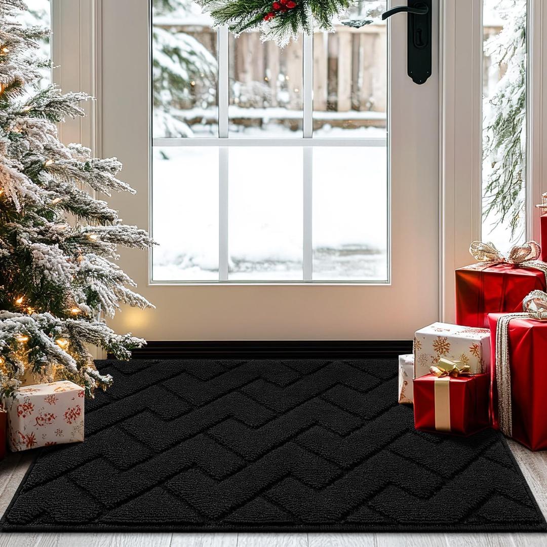 hicorfe Indoor Doormat,Welcome Door Mat TPR Backing Non Slip Mats 20"x31.5" Absorbent Resist Dirt Entrance Doormat Inside Floor for Entryway Washable Low-Profile (Black)