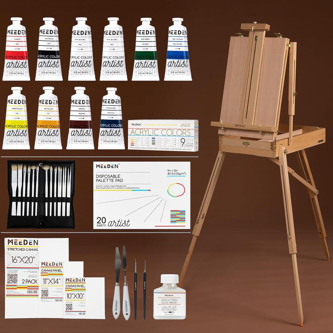 MEEDEN Art Set with French Easel for Professional Artist, Supplies Acrylic Painting(10-60ML) Kit with Paintbrushes for Adults, Pre-Painter and Canvas Drawing Starter-Prime Art Series