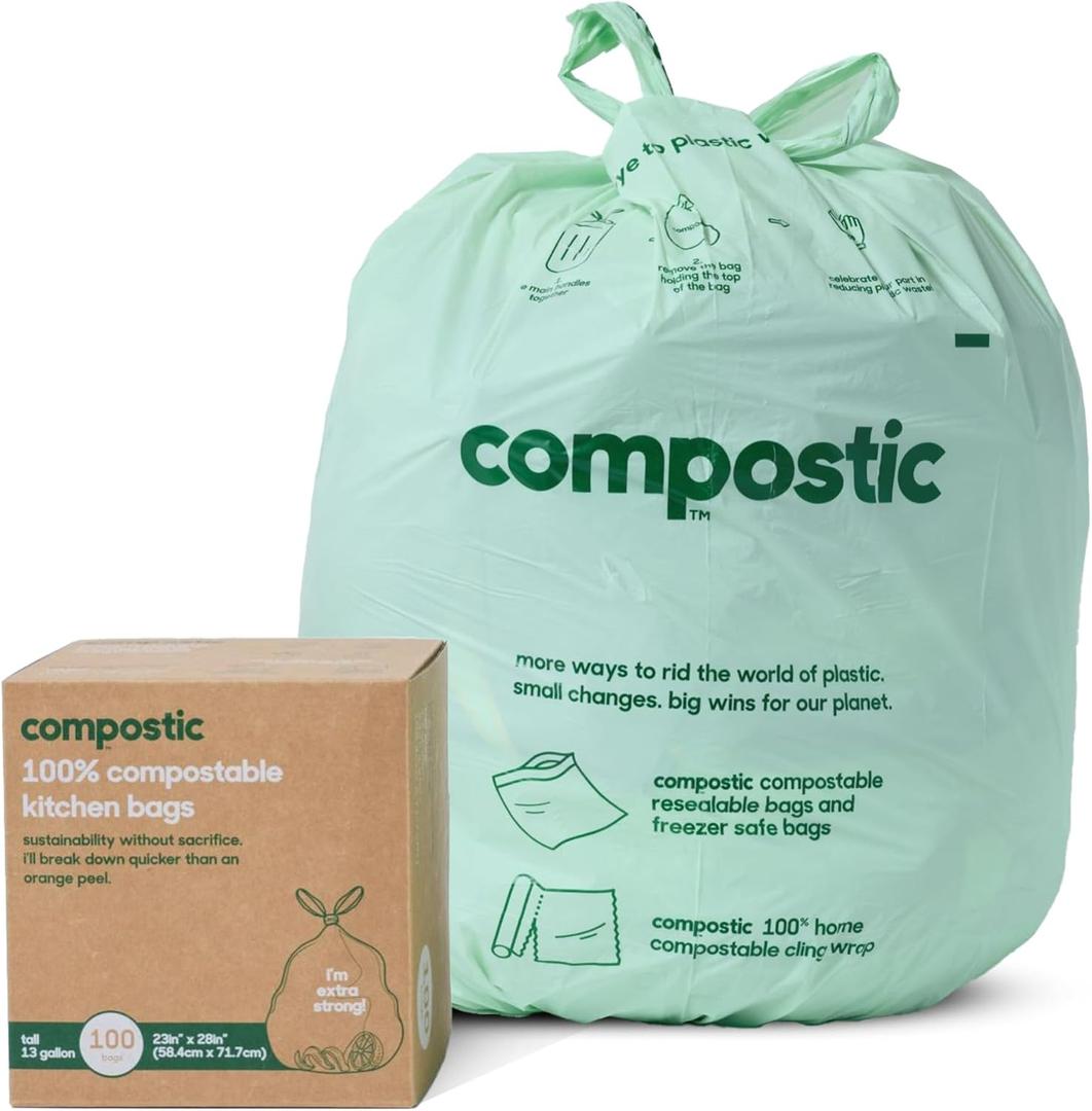 Compostic Home Compostable Trash Bags, 13 Gallon Tall Kitchen Rubbish Bags (23 x 29), Extra Strong & Quickly Breaks Down, 100 Count