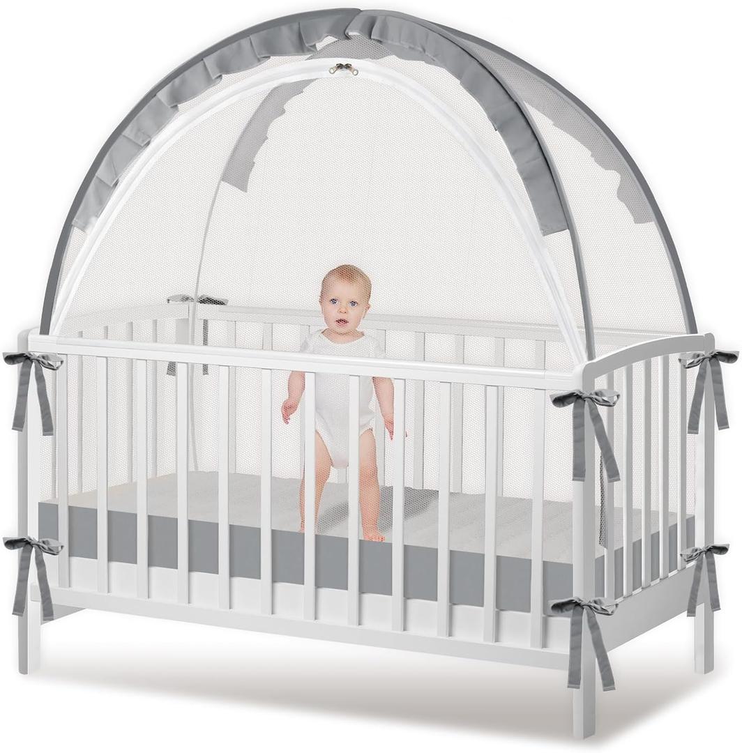 Crib Tent - Crib Net to Keep Baby in, Stop Baby from Climbing Out of Crib, Pop Up Baby Crib Tent with Double Zip Strong Rods and Breathable Net Clear Visibility Easy to Install (Grey, Large) (Gray)