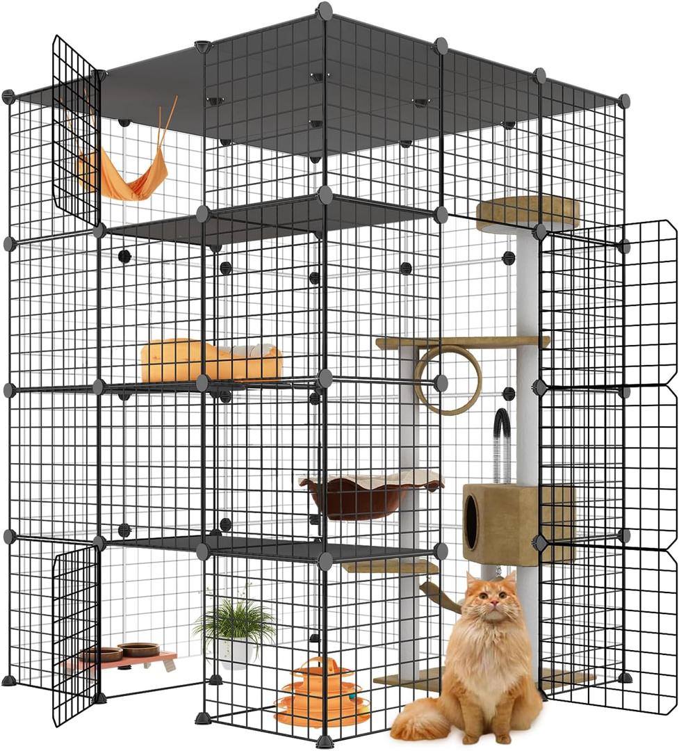 Large Cat Cage, Enclosures Indoor with Balcony, DIY Playpen Detachable Metal Wire Kennels Crate 3x3x4 Large Exercise Place Ideal for 1-3 Cats (Black)