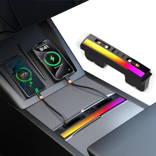 NOVCAPAR Center Console USB Hub for Tesla Model Y Juniper 2025–2026 & Tesla Model 3 Highland 2024-2025, 108W Fast Charging, Retractable Type-C & Lightning Cables, Built-in RGB Ambient Light