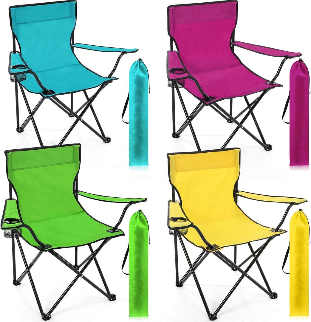 4 Pcs Folding Camping Chairs with Cupholder and Carry Bag Regular Size Portable Lightweight Lawn Chair with Mesh Side Pocket for Fishing Hiking Picnic Beach Outdoor Party (Stylish)