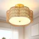 13.6" Boho Light Fixtures Flush Mount, 3-Light Rattan Ceiling Light Fixtures Flush Mount Gold for Bedroom, Flower-Shaped Close to Ceiling Light Fixture for Hallway Kitchen Dining Room(Yellow)
