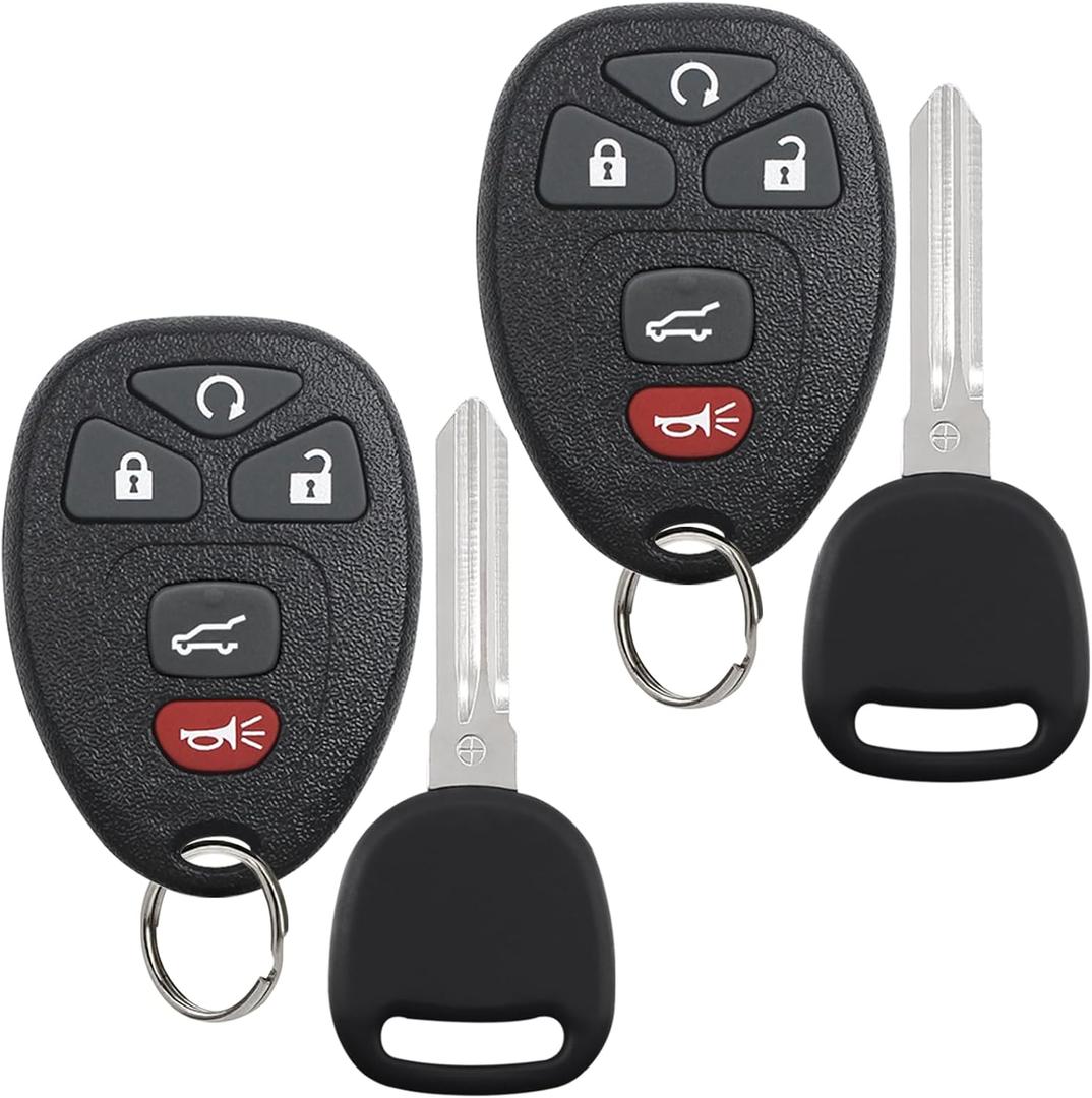 Car Key Fob with Uncut Key: 2 Pack Remote Replacement Keyless Entry Remote for Chevy Suburban Traverse Tahoe, GMC Acadia Yukon/Saturn Outlook, Buick Enclave, OUC60270 & OUC60221, 5-Button, 315 MHz