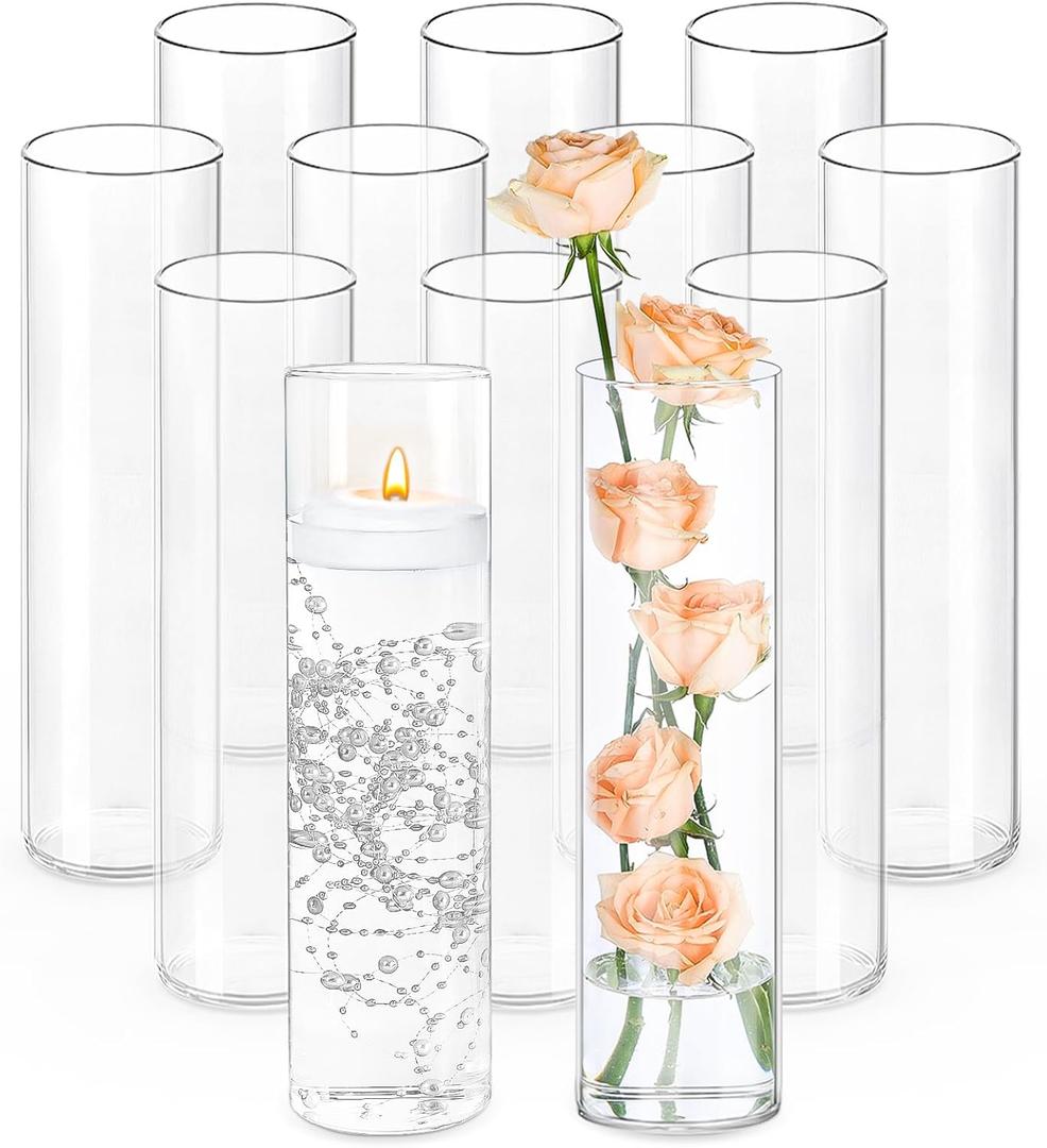 TBWIND 12Pcs Glass Cylinder Vases 12 Inch Tall Clear Flower Vases for Centerpieces Wedding Decoration, Hurricane Floating Candle Holder for Party Table Home Decor