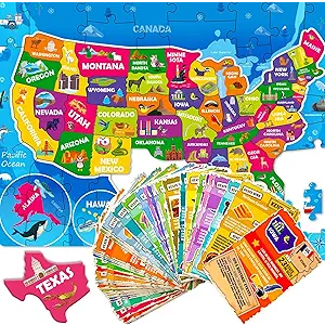 United States Puzzles for Kids Ages 810  70 Pcs Jigsaw Floor USA Map Puzzles for Kids Ages 68  Includes 50 Cards with 400+ USA Facts  US State & Capitals Educational Gift for Children 48