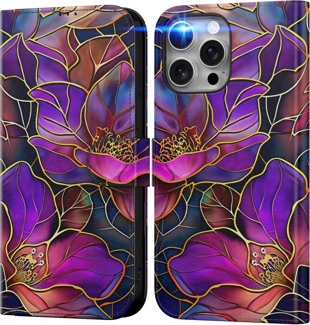 DEENAKIN for iPhone 15 Pro Wallet Case with Card Holder + Cash Clip, RFID-Blocking, Military-Grade Drop Protection & UV-Printed Artwork, Magnetic Closure with Leather Stand - Blooming Purple Flowers