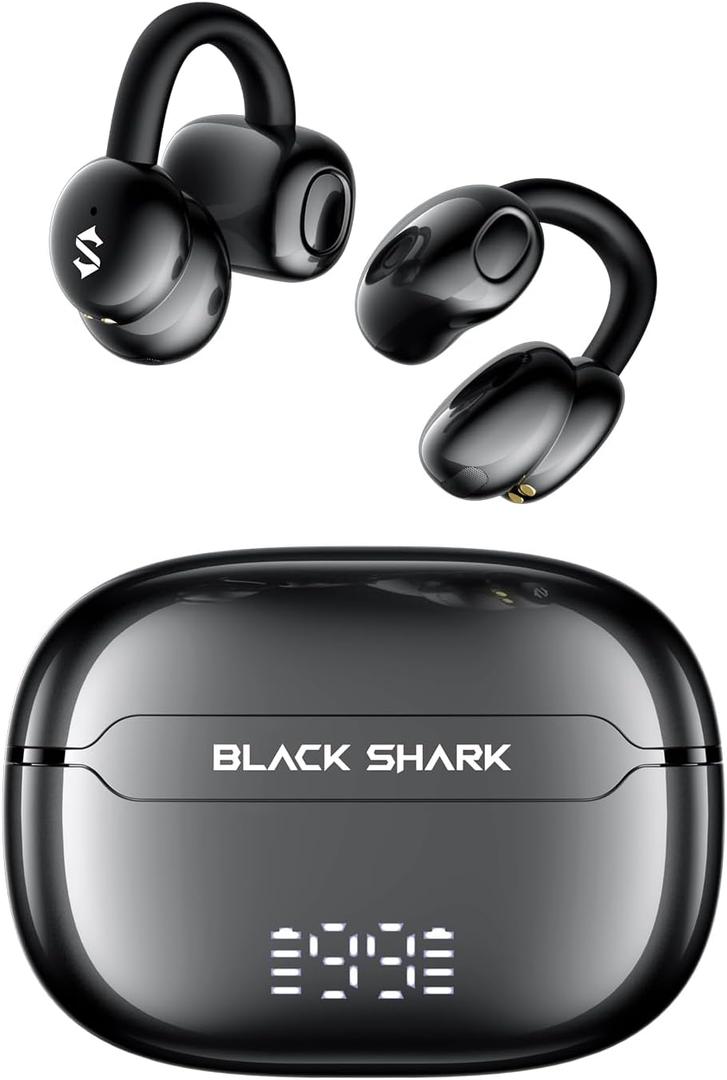 Black Shark Clip-On Earbuds, Open Ear Earbuds, Music and Game Dual Modes, 5g Lightweight & Digital Display Design, DNN Clear Calls, 50H Play Time, Comfort Fit for Sports, Running, Workout