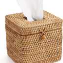 Rattan Square Tissue Box Cover, 5.7" x 5.7" x 5", Decorative Woven Facial Tissue Holder with Hinged Top Lid, Natural Color