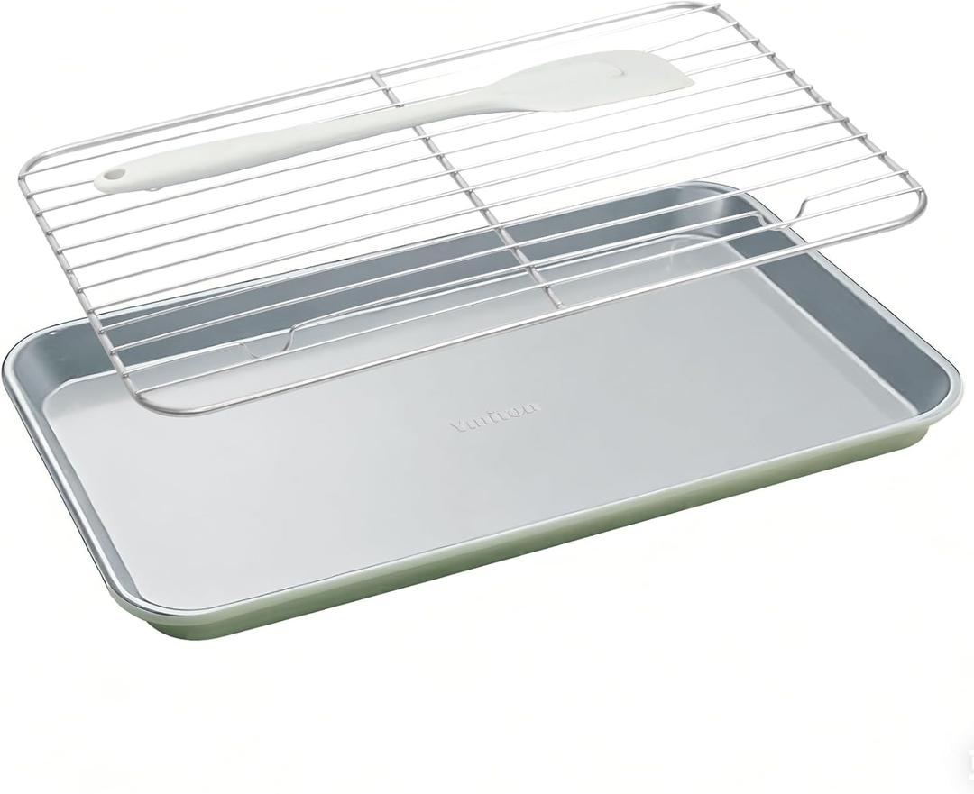 7PCS Ceramic-Coated Baking Sheet Set - 10x15in Jelly Roll Pan Non-Stick Cookie Sheet with Wire Rack, Silicone Spatula & 4 Cookie Cutters, PFAS Free, Oven Safe (550F), Pistachio Green