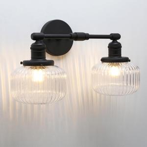 2-Lights Industrial Glass Wall Sconces, Antique Brass Clear Striped Globe Shade Wall Light Fixture for Bathroom Vanity, Bedroom, Dining Room, Living Room, Farmhouse, Stairs (Black)