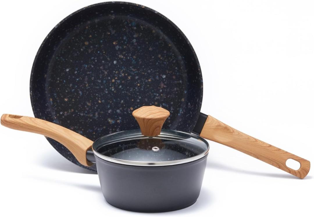 2-Piece Nonstick Cookware Set,10.25 Inch Frying Pan & 1.43QT Saucepan with Lid, PFAS PFOA Free Non-Toxic Coating, Heavy Bottom Even Heat, Induction Compatible, Dishwasher Safe Black, 2-Piece Set,10.25" skillet
