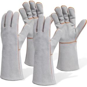Tivi Tovo 2 Pairs 14” Leather Fireplace Gloves for Men Women Long Heat Resistant Fireplace Hearth Gloves Wrist Protection Fireproof Stitching Grill Glove for Fire, Stove, Oven, BBQ, Grilling, Welding