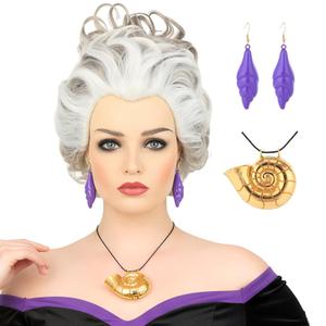 morvally Short Gray White Undersea Witch Costume Wigs with Shell Necklace and Earrings for Women Cosplay Halloween Party (White)
