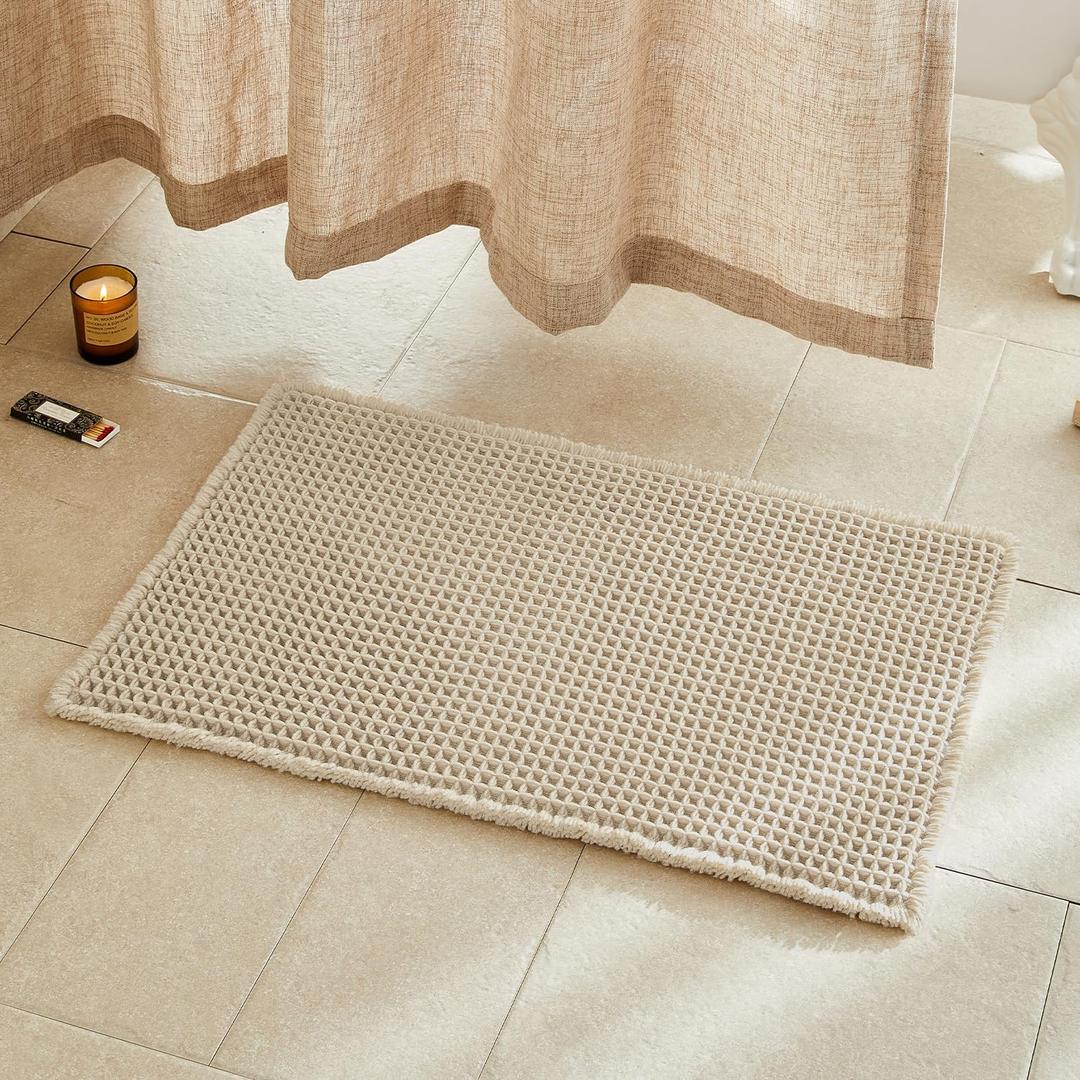 Pale Beige Bathroom Rug, Waffle Bath Mat Non Slip Washable Super Absorbent Quick Dry Boho Farmhouse Bathroom Decor, 30''x20'' / 1'8" x 2'6" Pale Beige