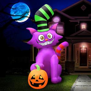 7FT Halloween Inflatables Purple Cat with Pumpkin Decoration, Blow up Cat Wear Crazy Hat & Halloween Pumpkin Inflatable Built-in 5 LEDs for Halloween Party Parade Haunted House Lawn Decor
